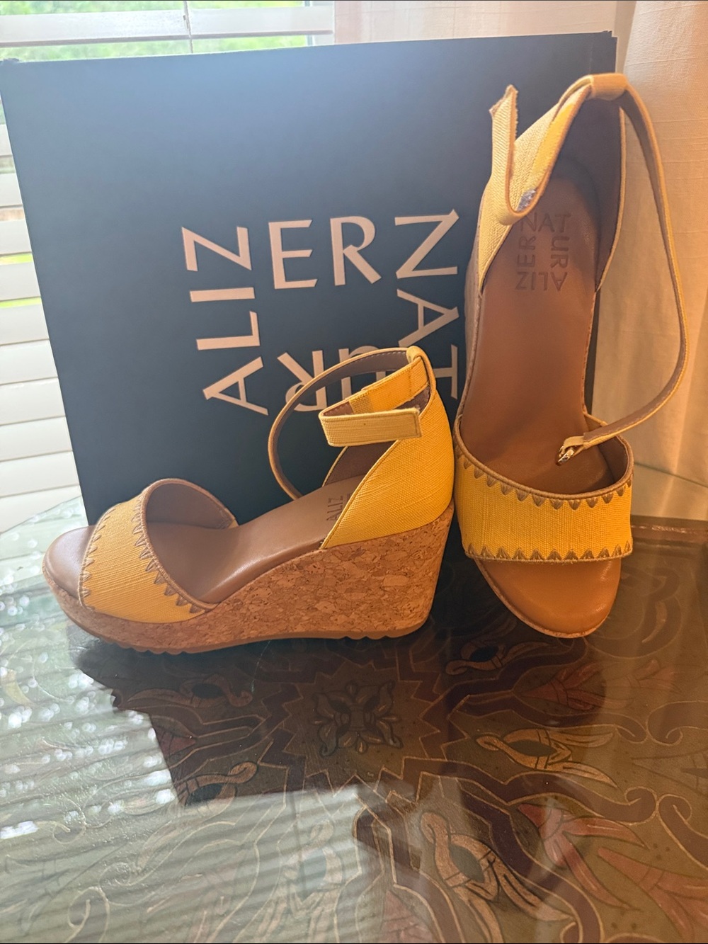 Naturalizer Yellow Cork Wedge Sandals with Ankle Strap and Zigzag Trim